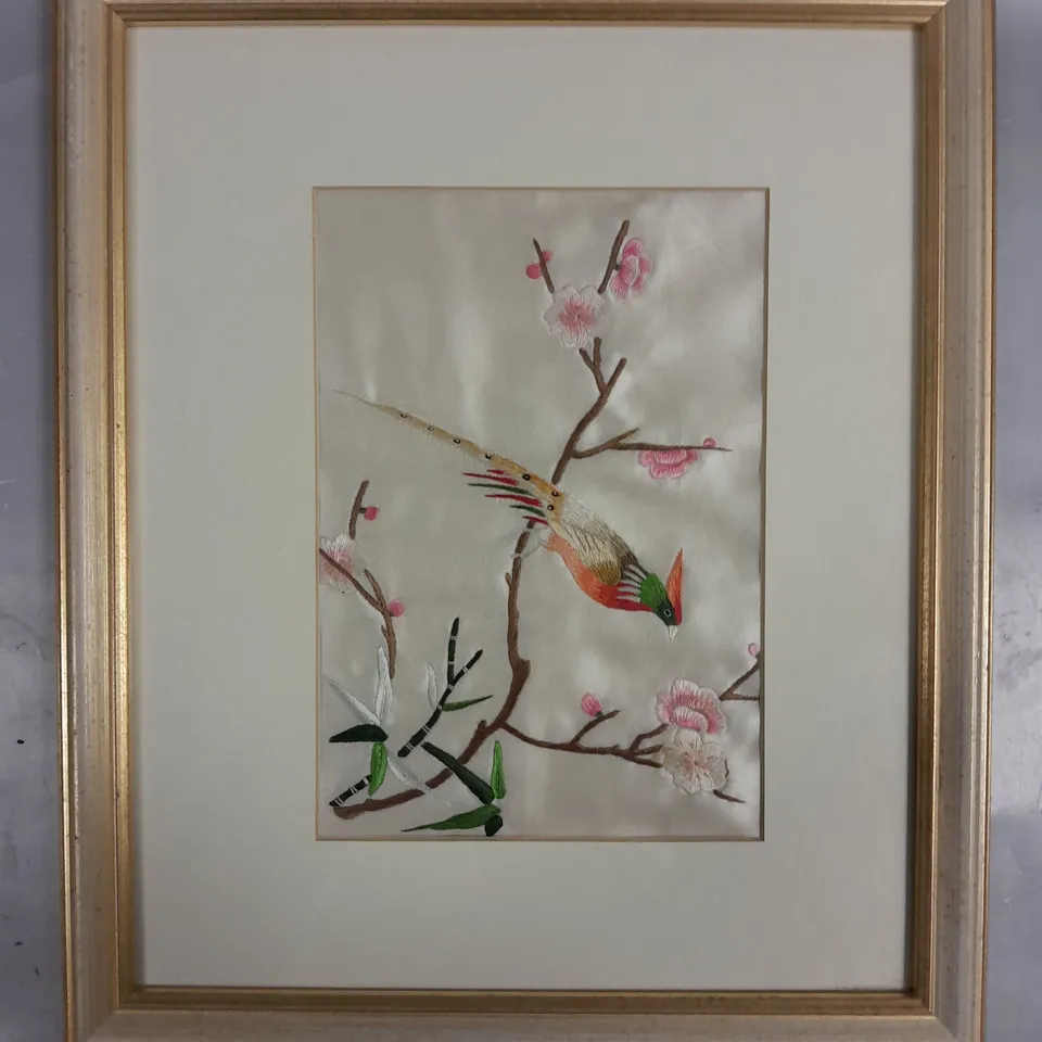 FRAMED EMBROIDERED BIRD & FLOWERS PICTURE	