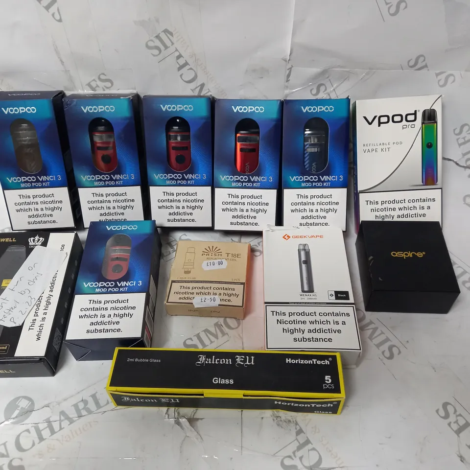 BOX OF APPROX 12 ASSORTED E-CIGARETTES TO INCLUDE -  VOOPOO VINCI 3 - GEEK VAPE WENAX H1 - VPOD PRO 