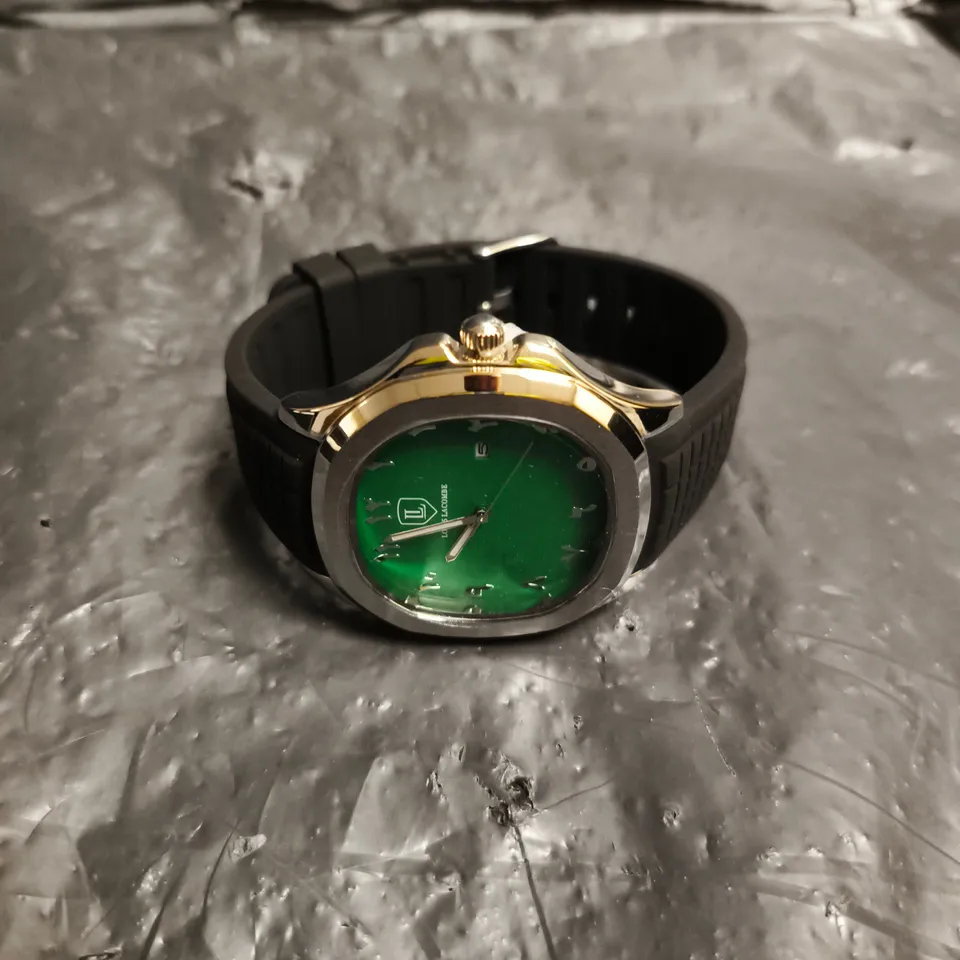 MENS LOUIS LACOMBE BLACK RUBBER STRAP GREEN DIAL WATCH