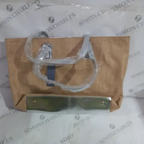 RUTH LANGSFORD BEIGE BEACH TOTE BLACK INTERIOR AND SILVER ACCENTS AND SILVER PURSE INCLUDED