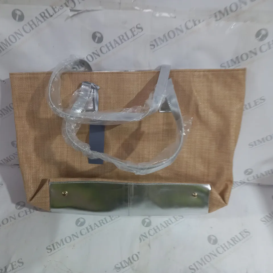 RUTH LANGSFORD BEIGE BEACH TOTE BLACK INTERIOR AND SILVER ACCENTS AND SILVER PURSE INCLUDED