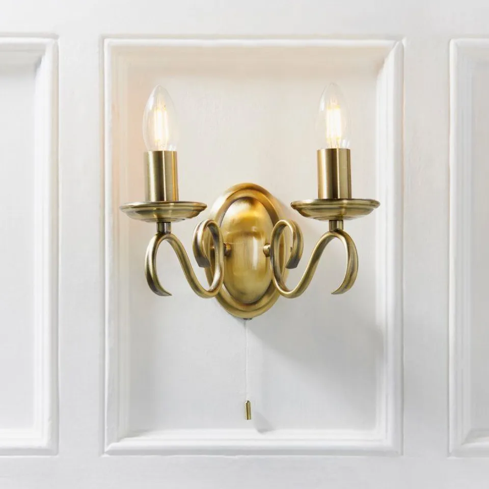 BOXED ENDON 2030-2AN BERNICE 2 LIGHT WALL LIGHT IN ANTIQUE BRASS
