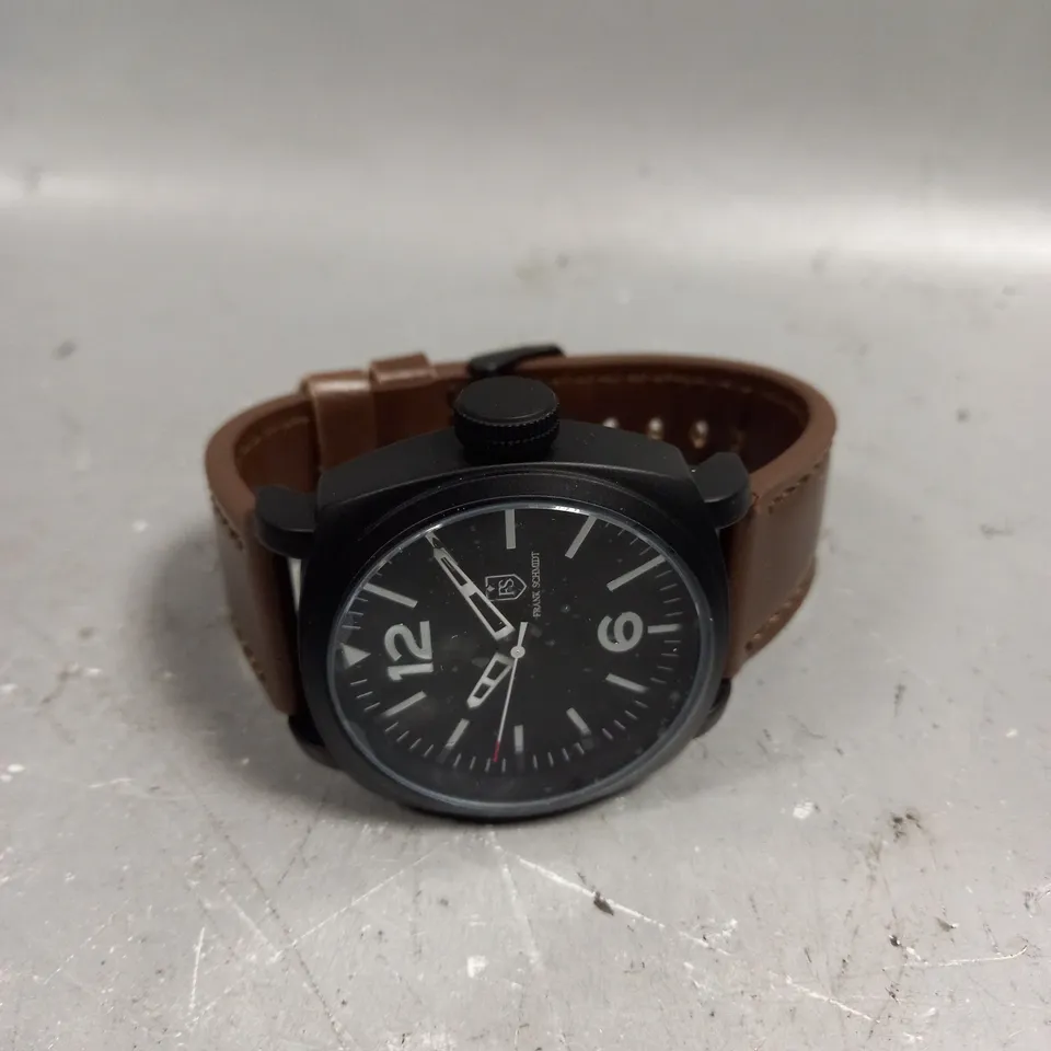 MENS FRANK SCHMIDT WATCH – LARGE BLACK CASE – BLACK PILOT DIAL – BROWN LEATHER STRAP – 3ATM WATER RESISTANT