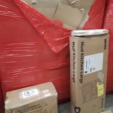 PALLET OF ASSORTED HOUSEHOLD GOODS AND PRODUCTS TO INCLUDE;MUD KITCHEN,GARDEN REEL,CEILING FAN WITH LIGHT