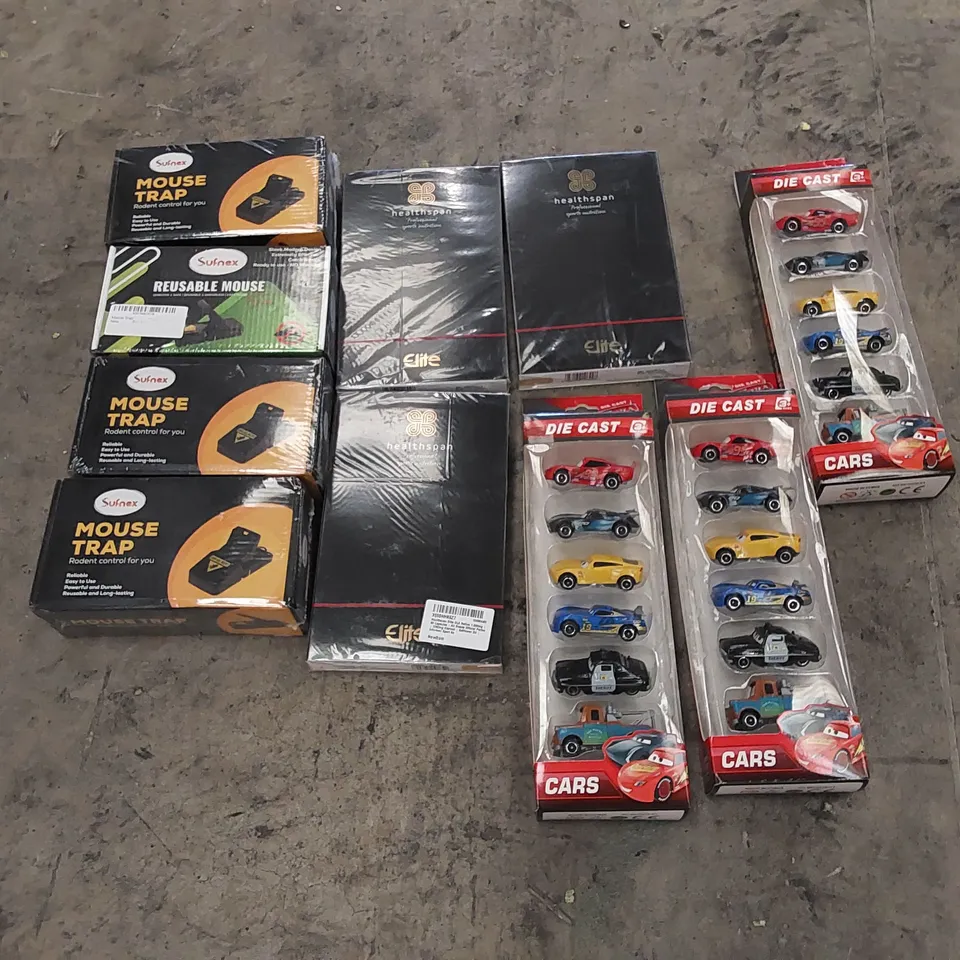 PALLET OF ASSORTED HOUSEHOLD ITEMS AND CONSUMER PRODUCTS. INCLUDES MOUSE TRAPS, SPORTS NUTRITION CAPSULES, TOY CARS ETC 