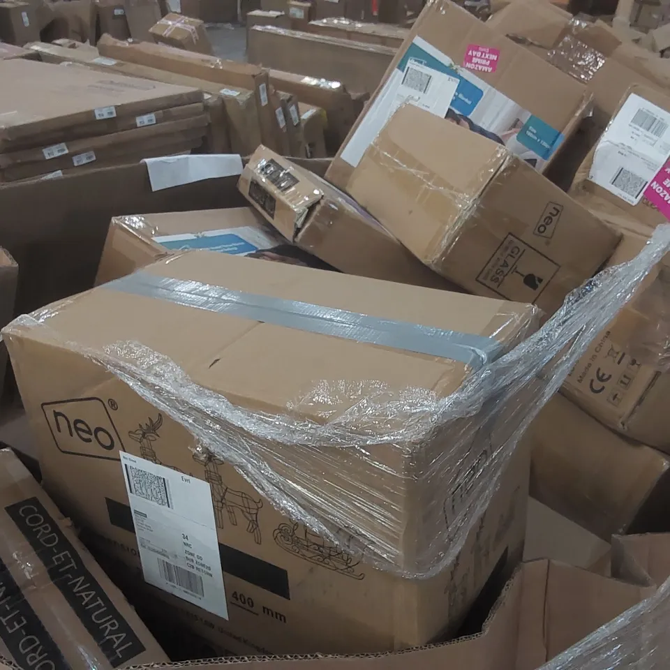 PALLET CONTAINING A VERY LARGE QUANTITY OF ASSORTED NEO CONSUMER PRODUCTS INCLUDING: ELECTRIC BLANKETS, CHRISTMAS DECORATIONS, GLASS TUPPERWARE SET, EGG BOILER ECT