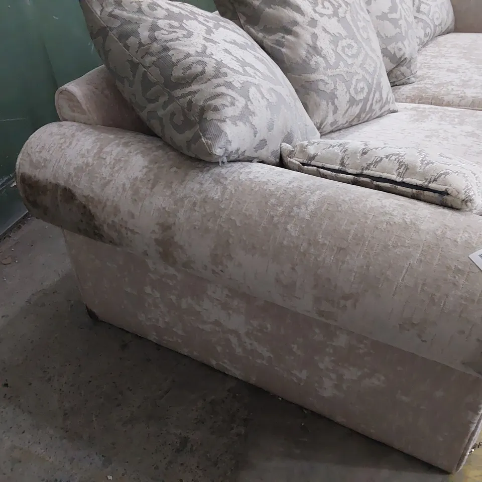 DESIGNER THREE SEATER SCROLL ARM SOFA WITH SCATTER CUSHIONS SILVER FABRIC & STUDDED DETAIL