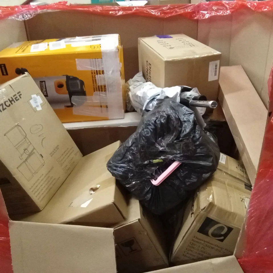 PALLET OF ASSORTED HOUSEHOLD GOODS AND PRODUCTS TO INCLUDE; JUICER, DISTILLER, DEEP FRYER ETC