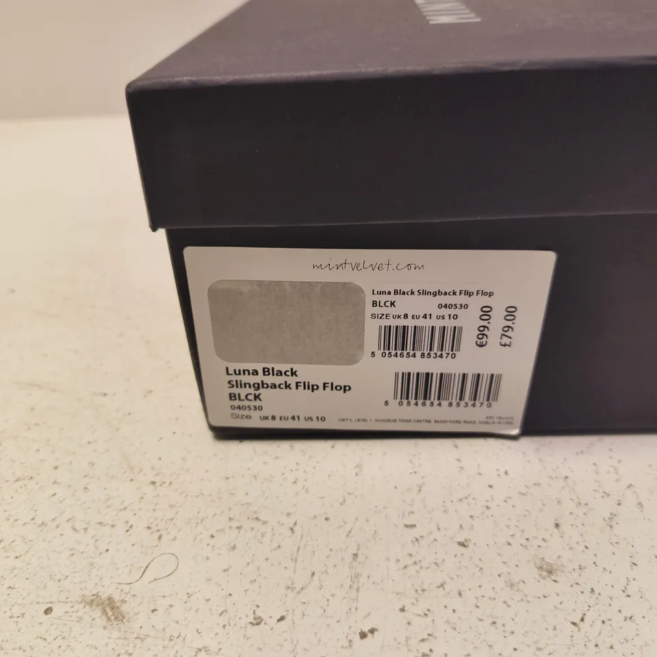 MINT VELVET LUNA BLACK SLINGBACK FLIP FLOP SANDALS – UK 8 (EU 41, US 10) – BOXED