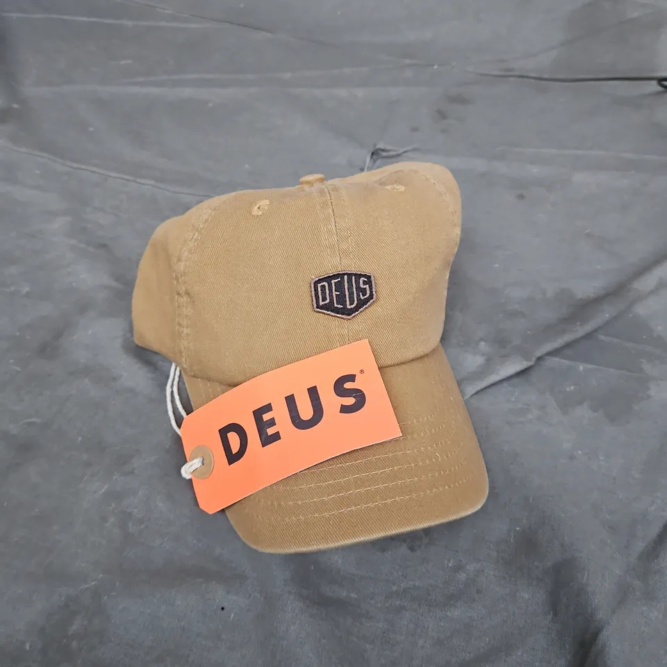 DEUS CAP WITH SHIELD LOGO – TAN COTTON BASEBALL HAT