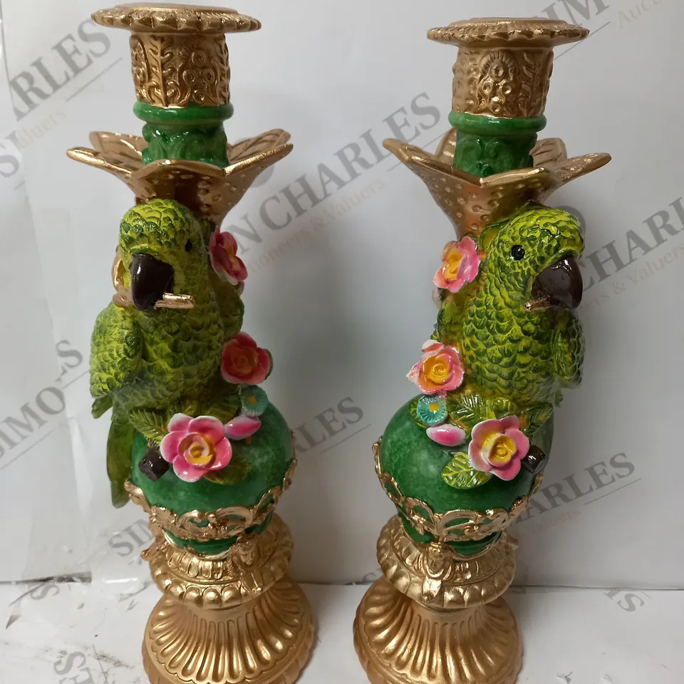 ALISON CORK SET OF 2 PARROT CANDLE STICKS IN GREEN 