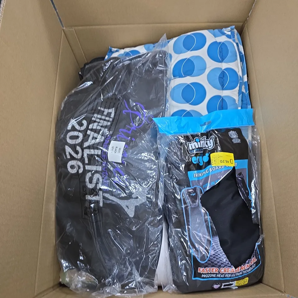 BOX OF APPROXIMATELY 30 ASSORTED ITEMS INCLUDING A MINKY IRONING BOARD COVER, A MAMAS AND PAPAS COVER AND A SMALL ROUND CUSHION