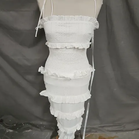 CLUB LONDON LAUREN WHITE BRODERIE STRAPPY RUFFLED MIDI DRESS IN WHITE SIZE 8