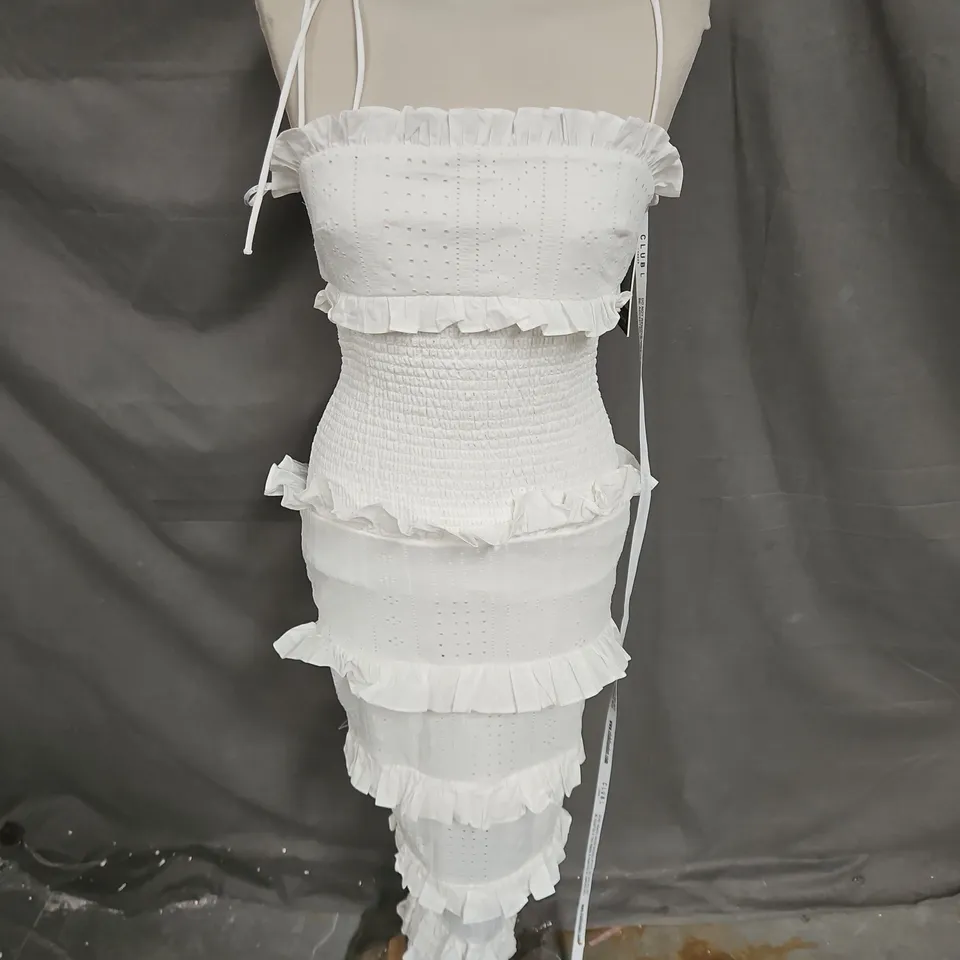 CLUB LONDON LAUREN WHITE BRODERIE STRAPPY RUFFLED MIDI DRESS IN WHITE SIZE 8