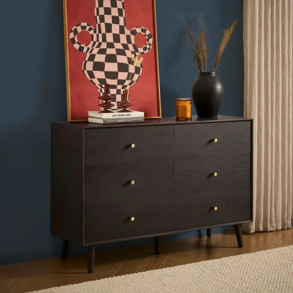 BOXED DUSK HEIDI OAK 6 DRAWER CHEST - WALNUT