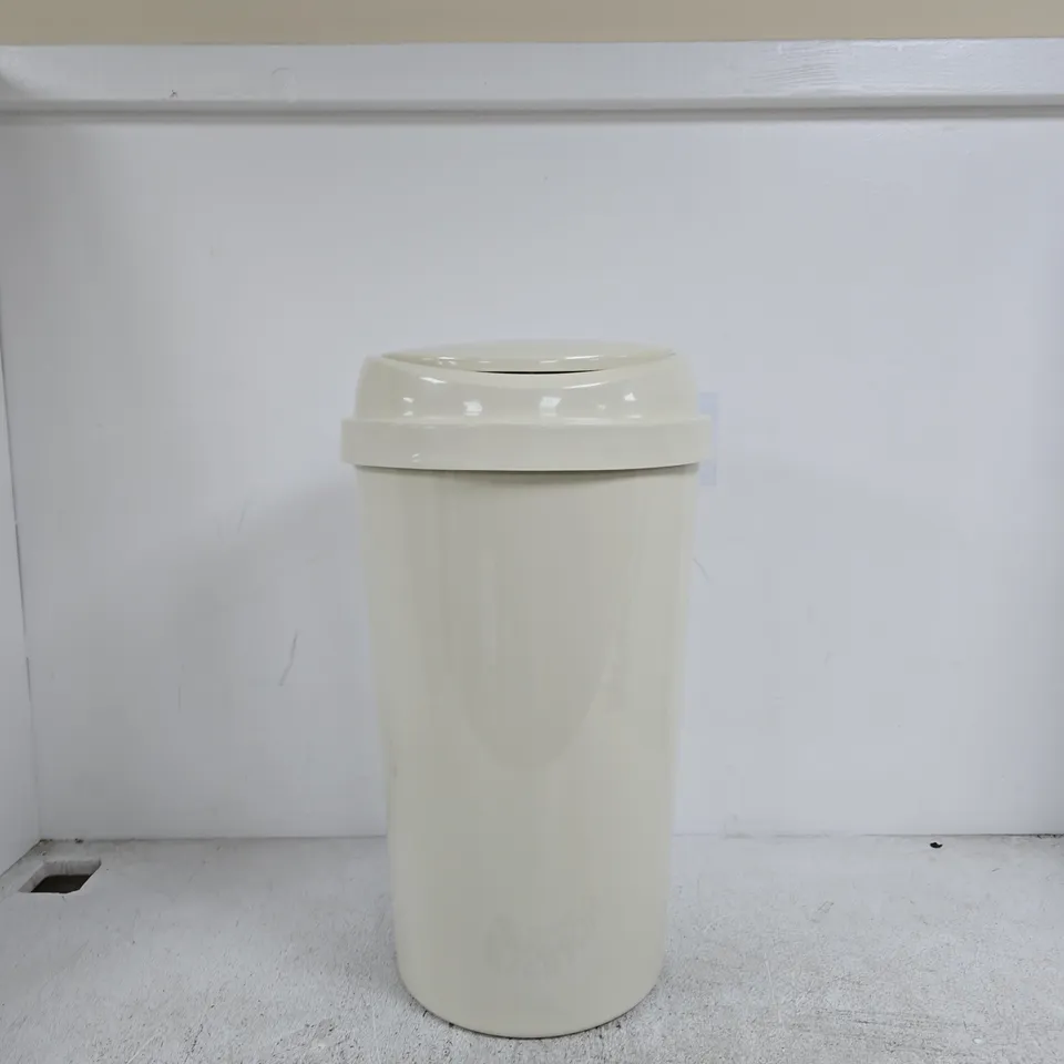 CREAM-COLORED PLASTIC TOUCH-TOP WASTE BIN
