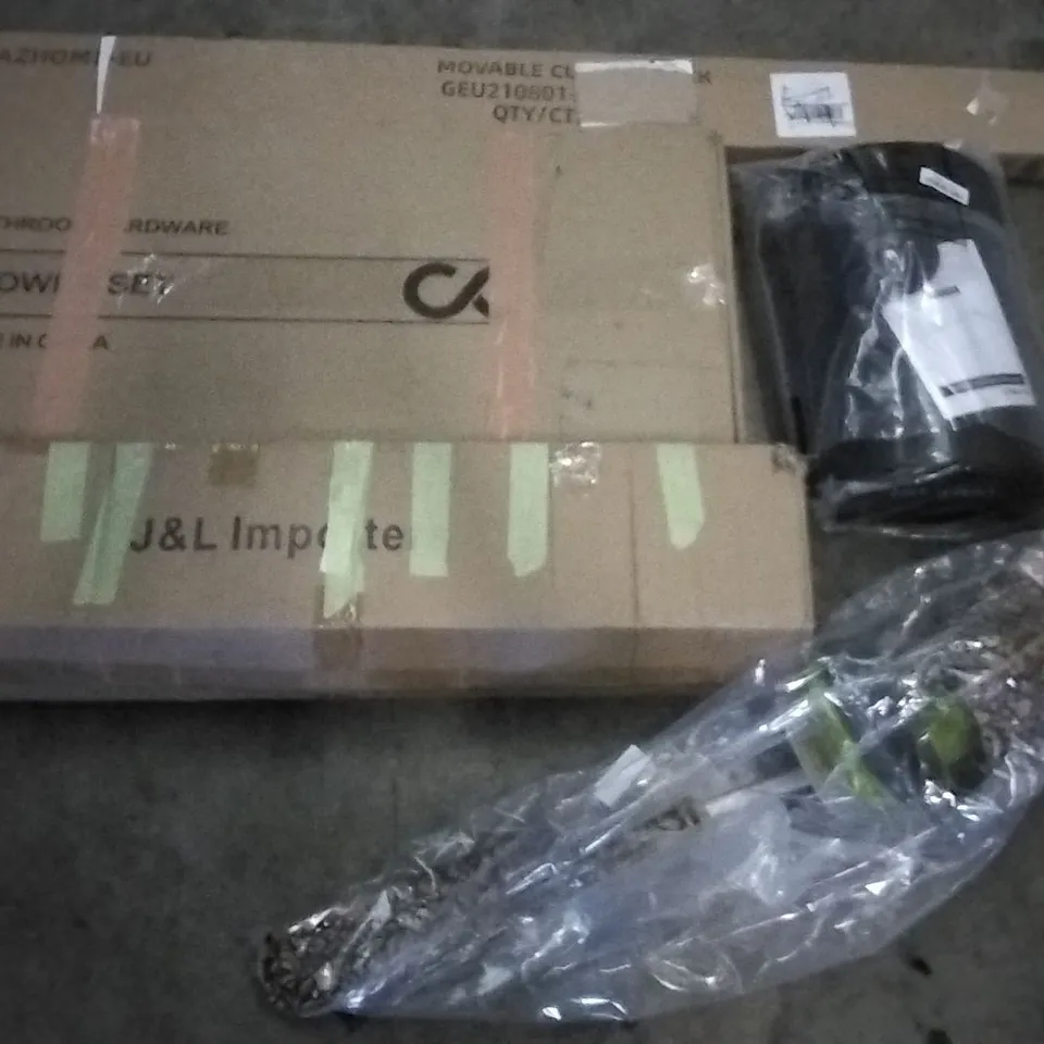 PALLET OF ASSORTED ITEMS INCLUDING SHOWER SET, MOVABLE CLOTHES RACK, HUANUO FOOT REST, HEDGE TRIMMER, CHRISTMAS TREE, READING PILLOW