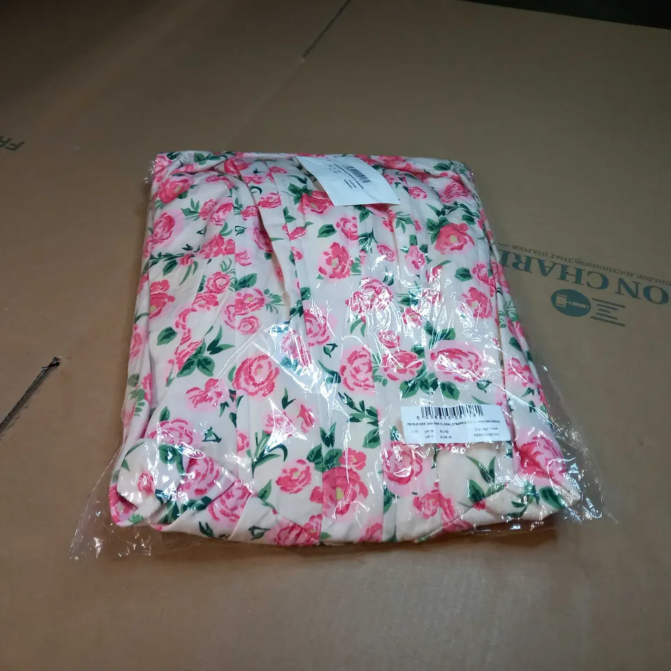 PACKAGED INTHESTYLE PINK FLORAL STRAPPLESS PUFF HEM MINI DRESS - SIZE 14