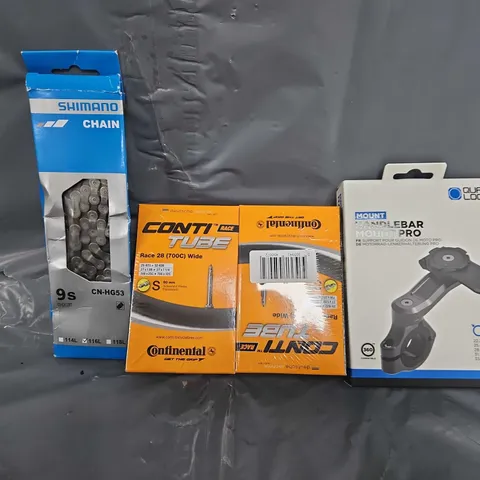 TOTE OF APPROXIMATELY 7 ASSORTED VEHICLE ITEMS TO INCLUDE - QUAD LOCK MOUNT HANDLE BAR , SHIMANO CHAIN 9S ETC
