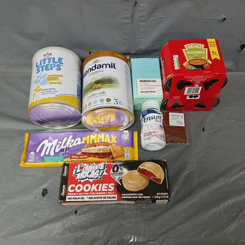 APPROXIMATELY 12 ASSORTED FOOD & DRINK ITEMS TO INCLUDE - MILKA MMMAX, LITTLE STEPS, AND HEINZ VEGETABLE SOUP - ETC.