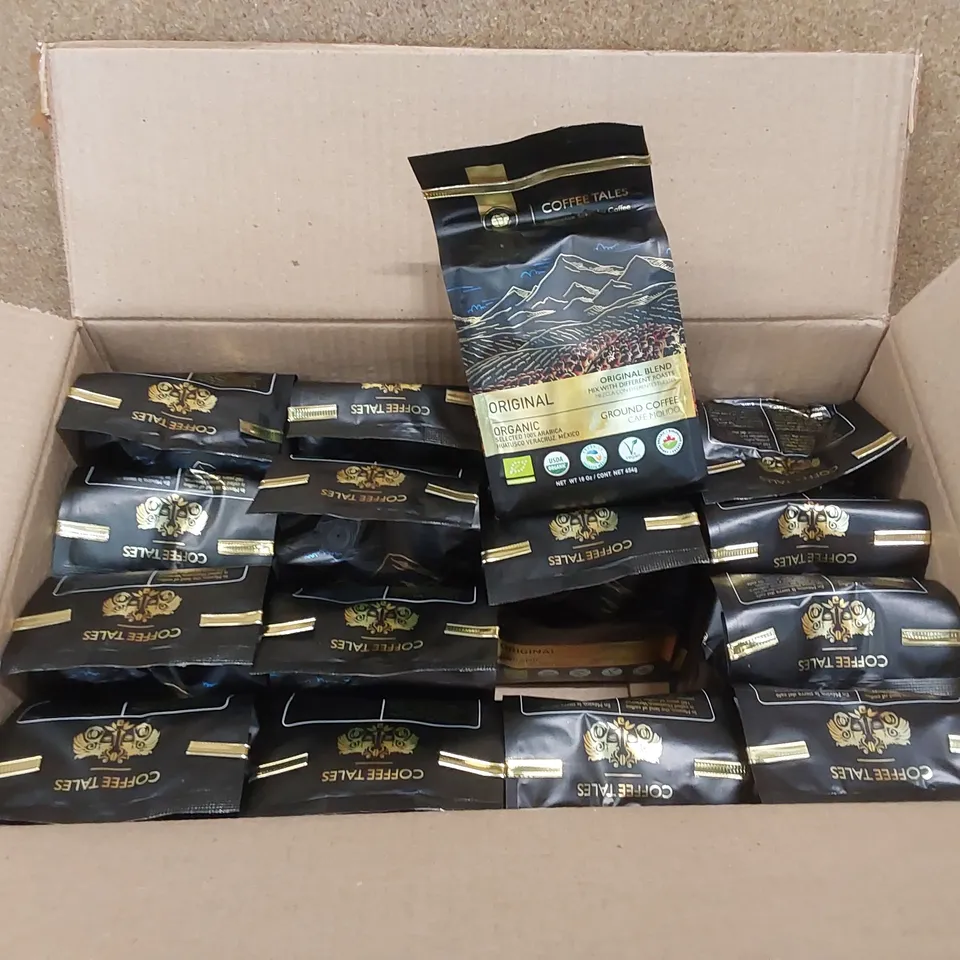 BOX OF APPROX 16 X BAGS OF COFFEE TALES ORIGINAL BLEND GROUND COFFEE - 454G PER BAG // EXP: 27/04/25