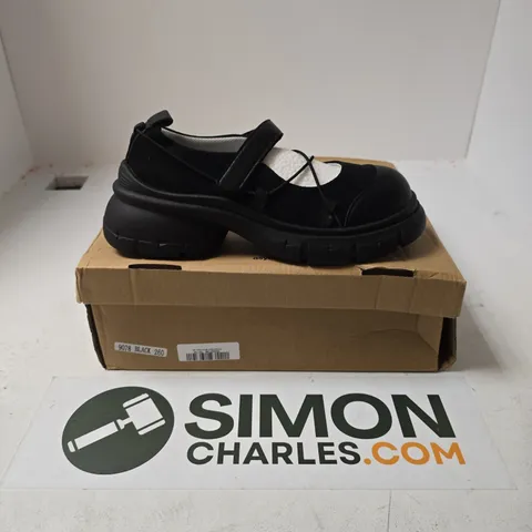 BOXED PAIR OF ASYLLUM SHOES IN BLACK - SIZE UNSPECIFIED