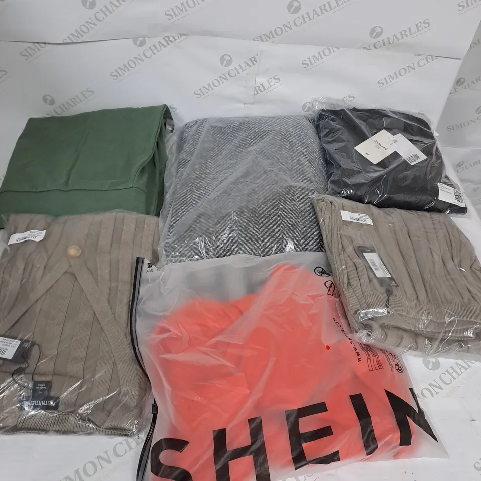 LARGE BOX OF ASSORTED CLOTHING ITEMS IN VARIOUS COLOURS AND SIZES INCLUDING TROUSERS , TOPS AND JUMPERS 