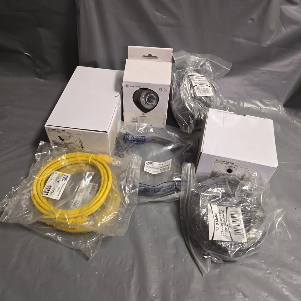 APPROXIMATELY 12 ASSORTED ELECTRICAL ITEMS TO INCLUDE CCTV SHOTGUN CABLE, CCTV DOME CAMERA, FLUSH BOOTED PATCH CABLE, ETC
