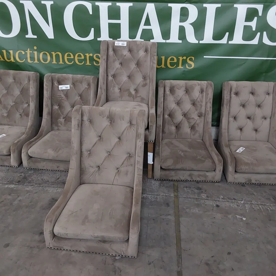 SET OF SIX DESIGNER UPHOLSTERED BUTTONED BACK DINING CHAIRS (LEGS PRESENT)