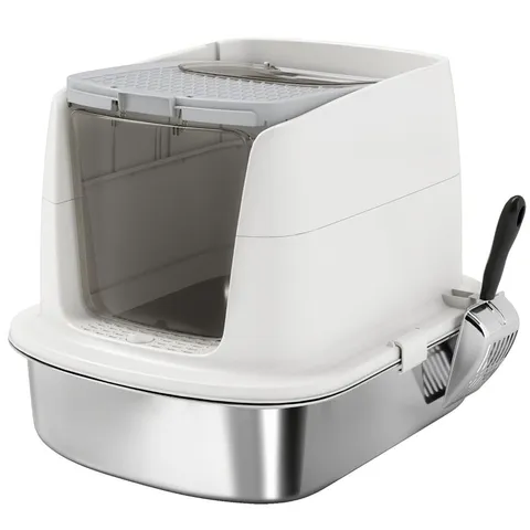 BOXED PAWHUT STAINLESS STEEL ENCLOSED LITTER BOX WITH METAL LITTER TRAY WITH SCOOP (1 BOX)