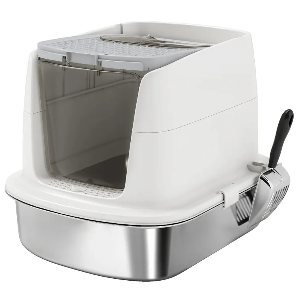 BOXED PAWHUT STAINLESS STEEL ENCLOSED LITTER BOX WITH METAL LITTER TRAY WITH SCOOP (1 BOX)