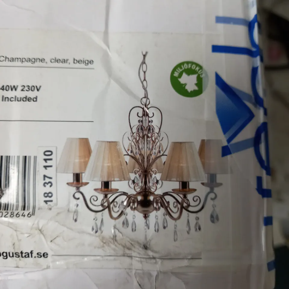 BOXED MARK SLOJD PROVIDENCE 5 LIGHT CRYSTAL CHANDELIER WITH ORGANZA SHADES CJAMPAGNE GOLD FINISH