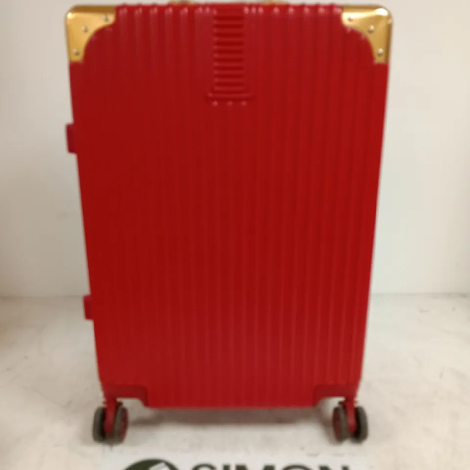 RED HARD-SHELL LUGGAGE SUITCASE WITH GOLD-TONE HARDWARE, WHEELED CARRY-ON