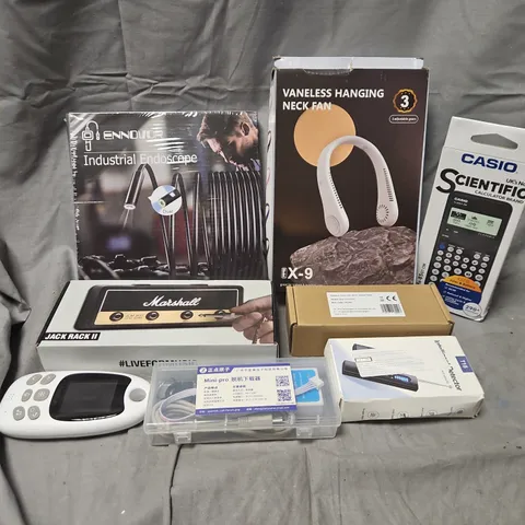 APPROXIMATELY 10 ASSORTED ELECTRICAL ITEMS TO INCLUDE INDUSTRIAL ENDOSCOPE, NECK FAN, MARSHALL JACK RACK II, ETC