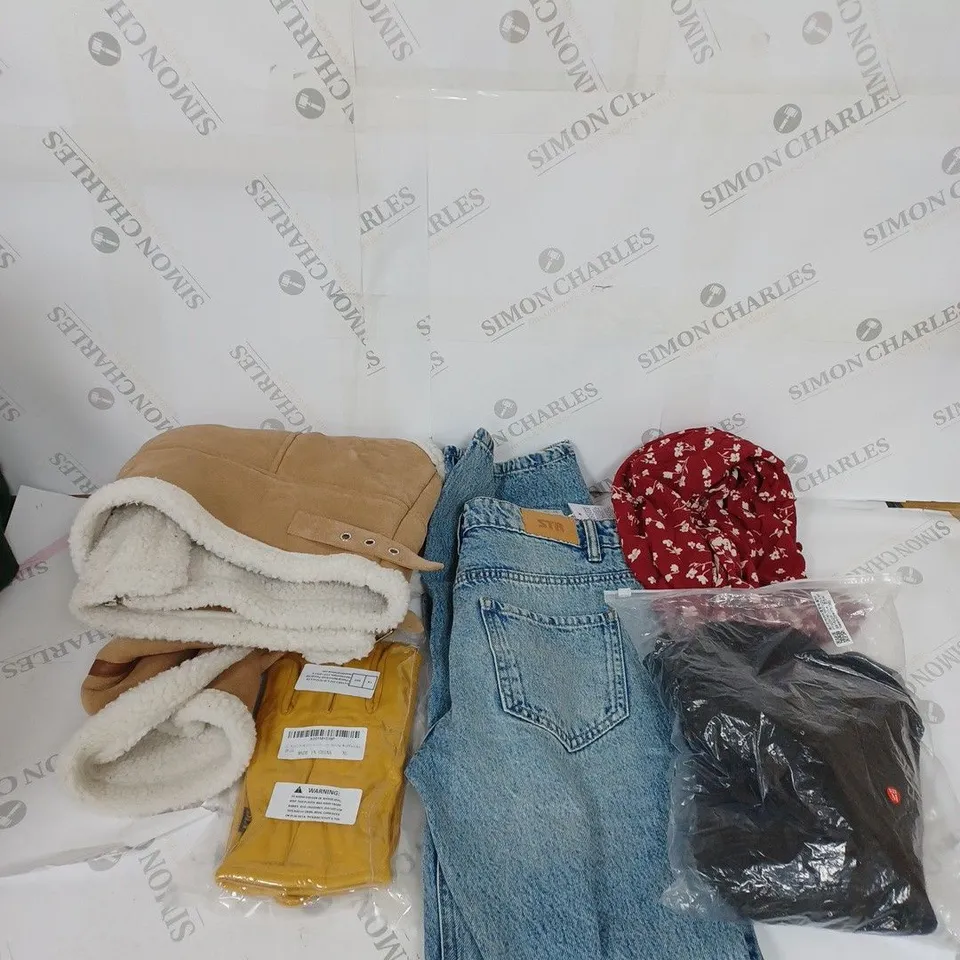 LARGE BOX OF ASSORTED CLOTHING ITEMS IN VARIOUS COLOURS AND SIZES INCLUDING TROUSERS , TOPS AND JUMPERS 