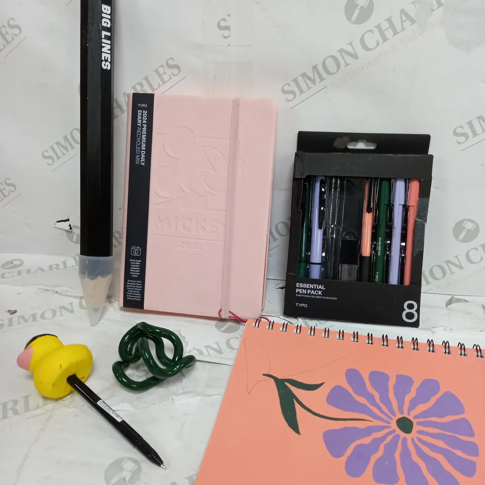BOX OF APPROXIMATELY 15 ASSORTED ITEMS TO INCLUDE BIG LINES PENCIL, NOTEBOOK, PEN PACK ETC