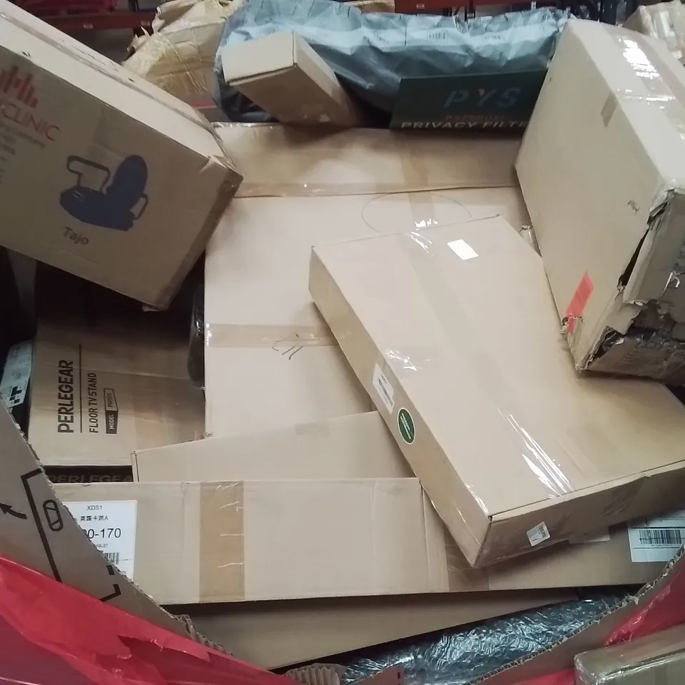 PALLET CONTAINING VARIOUS ASSORTED BOXED HOUSEHOLD ITEMS TO INCLUDE: OIL FILLED RADIATOR, ACROSS POLES, BOOSTER SEAT, GAMING MOUSE MAT, SIDE TABLES, FLOOR TV STAND AND LOTS MORE UNMARKED BOXED ITEMS 