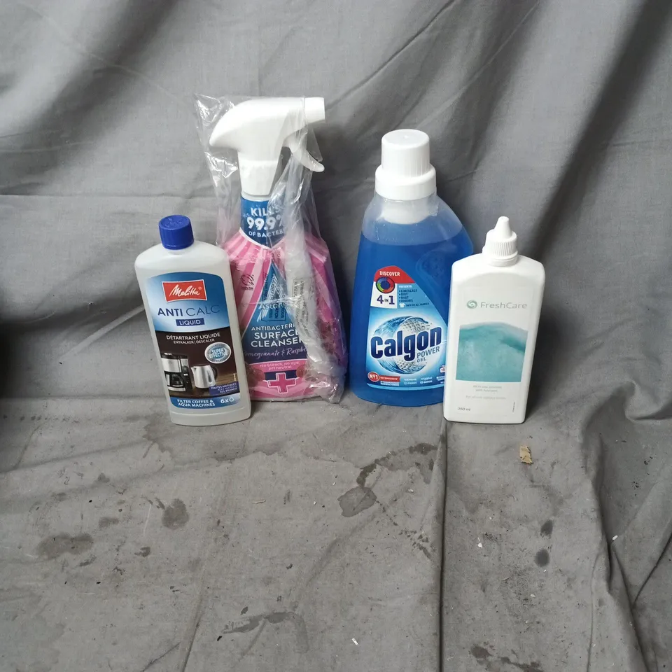 APPROXIMATELY 12 ASSORTED HOUSEHOLD ITEMS INCLUDING FRESH CARE LENS CLEANER, CALGON POWER GEL, ASTONISH SURFACE CLEANER AND ANTI CALC LIQUID