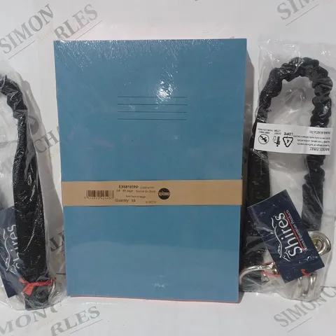 BOX OF APPROXIMATELY 10 ASSORTED HOUSEHOLD ITEMS TO INCLUDE EXERCISE BOOKS IN BLUE, BUNGEE BREAKAWAY TRAILER TIE, ETC