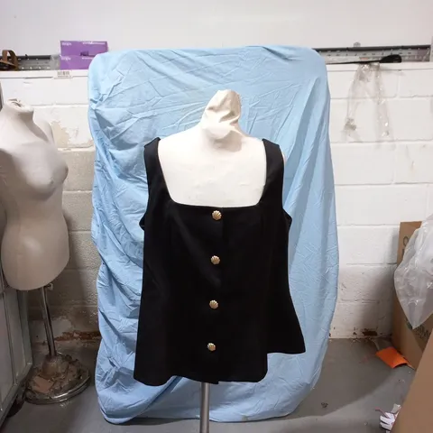 UK SIZE 16 BLACK VELVET SLEEVELESS TOP WITH WHITE COLLAR AND GOLD BUTTON FRONT
