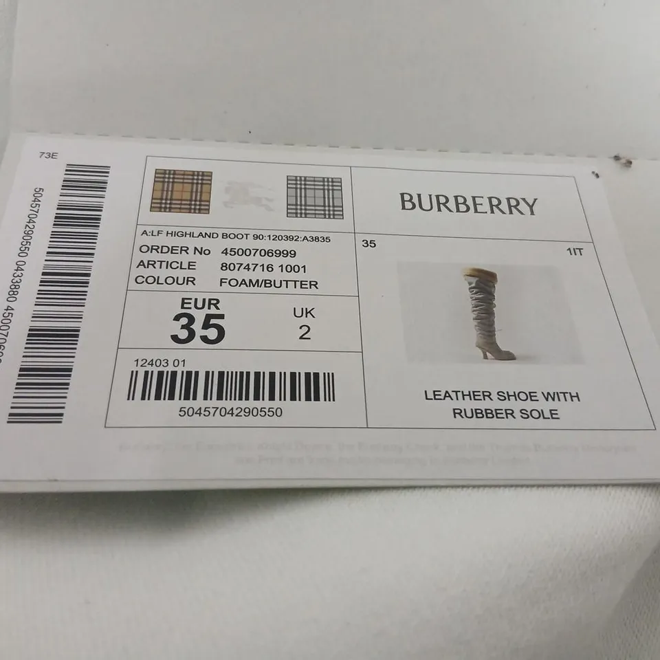 BURBERRY LEATHER KNEE-HIGH BOOT – LIGHT GREY, UK 2 (EUR 35) – DUST BAG & TAGS