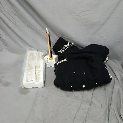 BOX OF APPROXIMATELY 15 ASSORTED HOUSEHOLD ITEMS INCLUDING CHESS PIECE ORNAMENTS, GOLD CANDLE AND STAR BASE ORNAMENT AND LADIES BLACK BUTTON CARDIGAN SIZE MEDIUM/LARGE