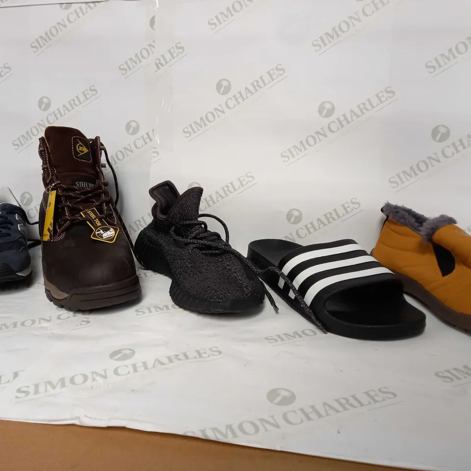 BOX OF APPROX 15 ASSORTED SHOES TO INCLUDE - NEW BALANCE 373 - DUNLOP STEEL TOE CAP BOOTS - ADIDAS BLACK SLIDERS ECT