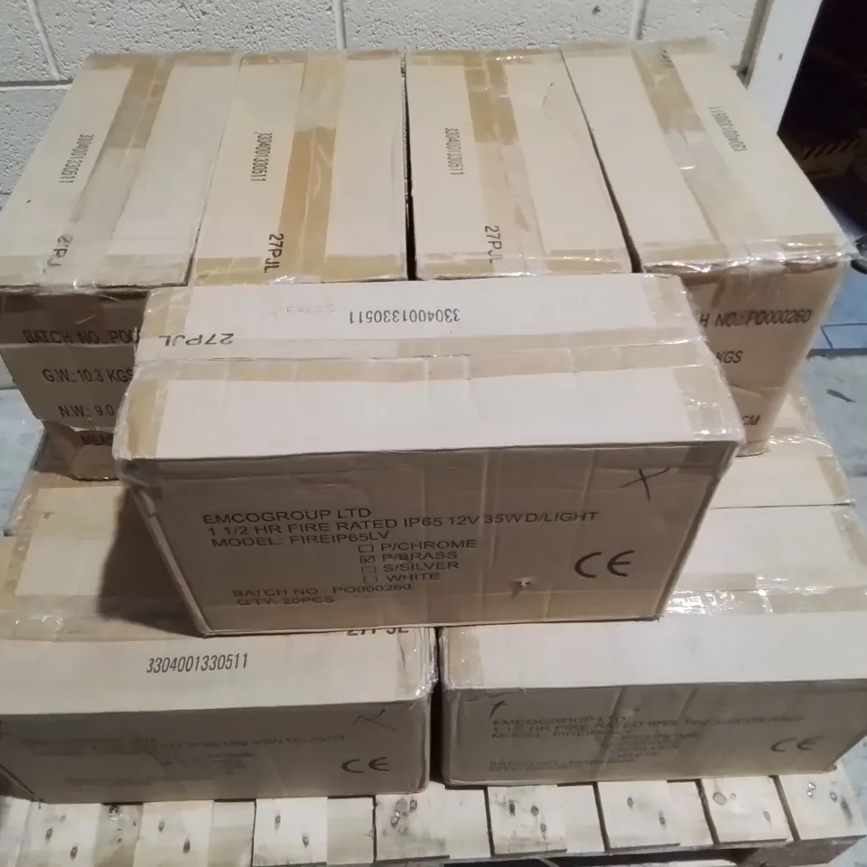 PALLET CONTAINING 13 20-PIECE BOXES OF EMCOLITE 100 MINUTE FIRE RATED MR16 IP65 SHOWER LIGHTS IN POLISHED BRASS