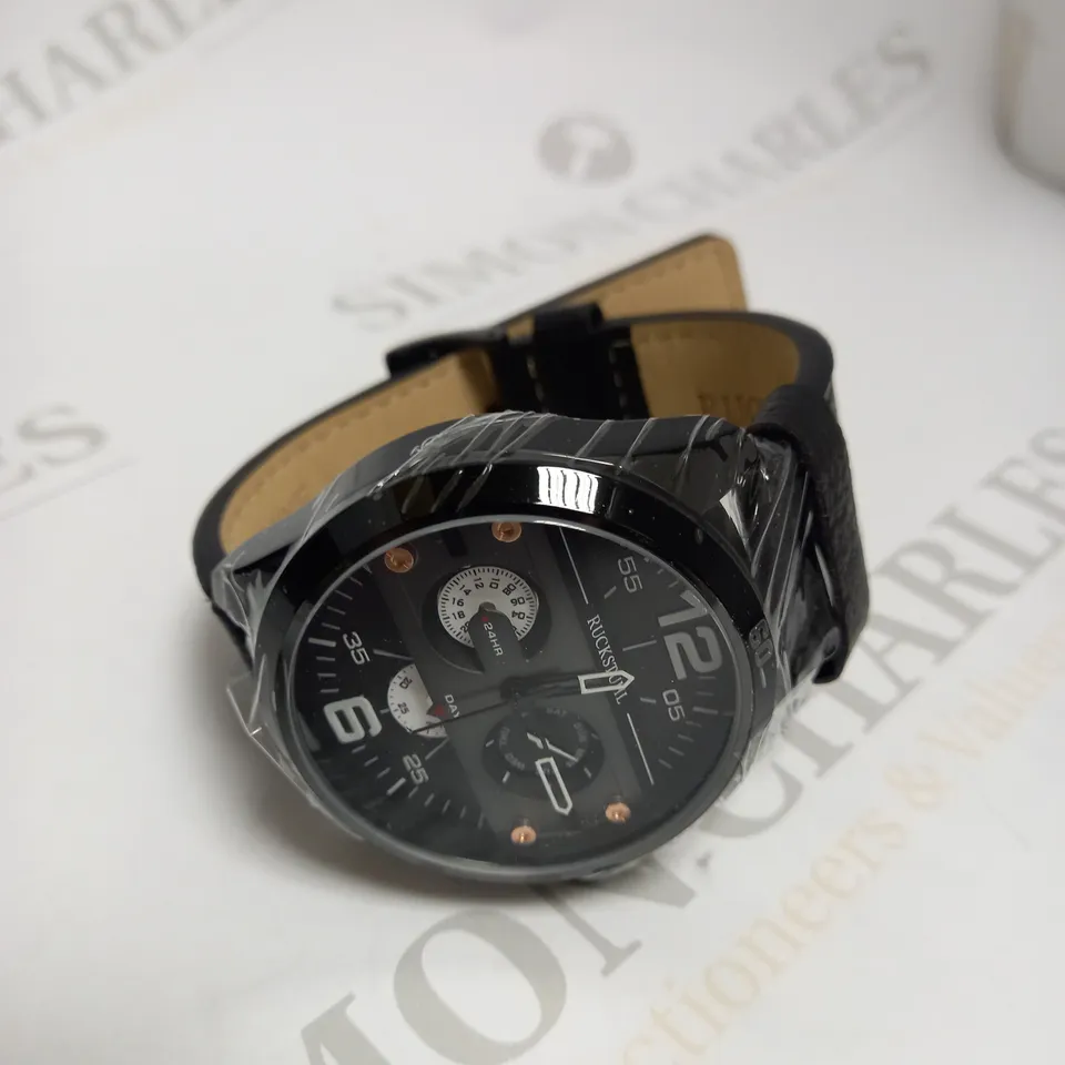 MEN’S RUCKSTUHL COCKPIT R150 WATCH – MULTI FUNCTION SUB DIALS – BLACK CASE – 3ATM WATER RESISTANT – GENUINE LEATHER STRAP