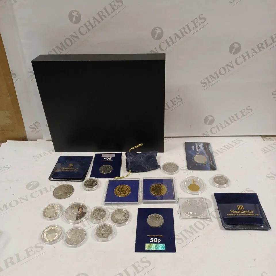 BOX TO CONTAIN APPROX. 20 X ASSORTED COMMEMORATIVE AND COLLECTORS COINS. DESIGNS VARY