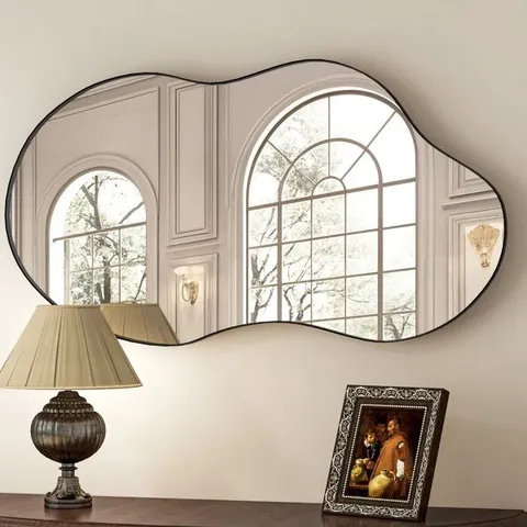 BOXED IRREGULAR METAL FRAMED WALL MIRROR, ASYMMETRICAL MIRRORS FOR BATHROOM