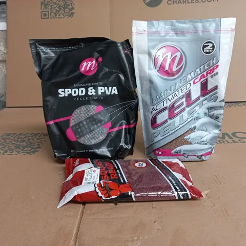 TOTE OF APPROXIMATELY 5 ASSORTED ANGLING ITEMS TO INCLUDE SPOD AND PVA PELLET MIX, CARP CELL PELLETS, METHOD PELLETS RED ETC