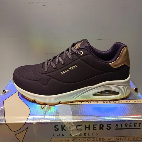 BOXED PAIR OF SKECHERS STREET MEMORY FOAM TRAINERS, DARK PURPLE - UK SIZE 5