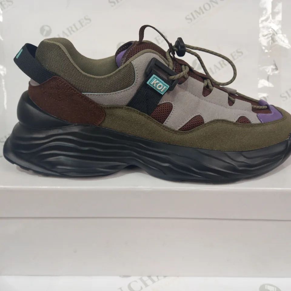 BOXED PAIR OF KOI VEGAN SHOES IN GREEN/GREY/BROWN/PURPLE SIZE UNSPECIFIED
